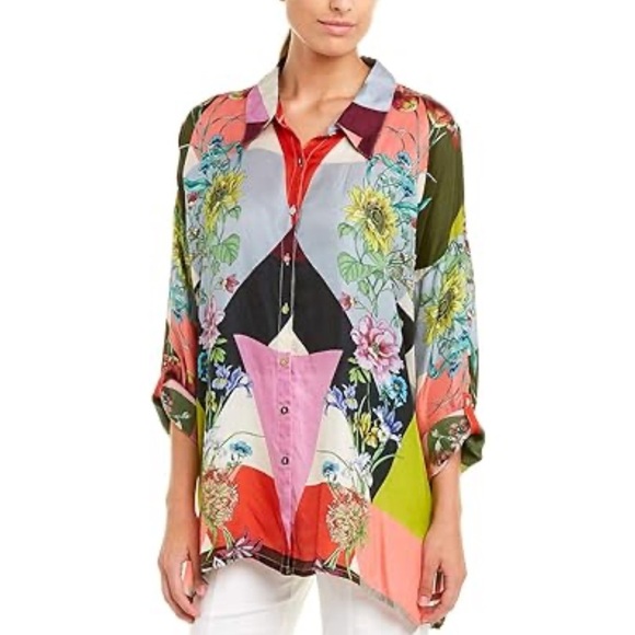 Johnny Was Feza Boxy Button Up Kimono Inspired Blouse L 100% Silk Bohemian - Picture 1 of 13